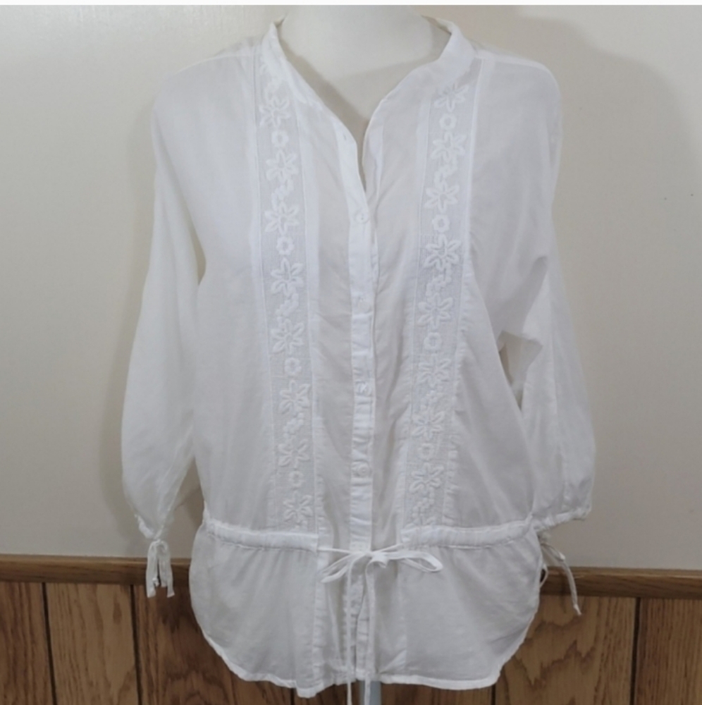 Johnny Was White Embroidered Drawstring Blouse - Picture 1 of 10